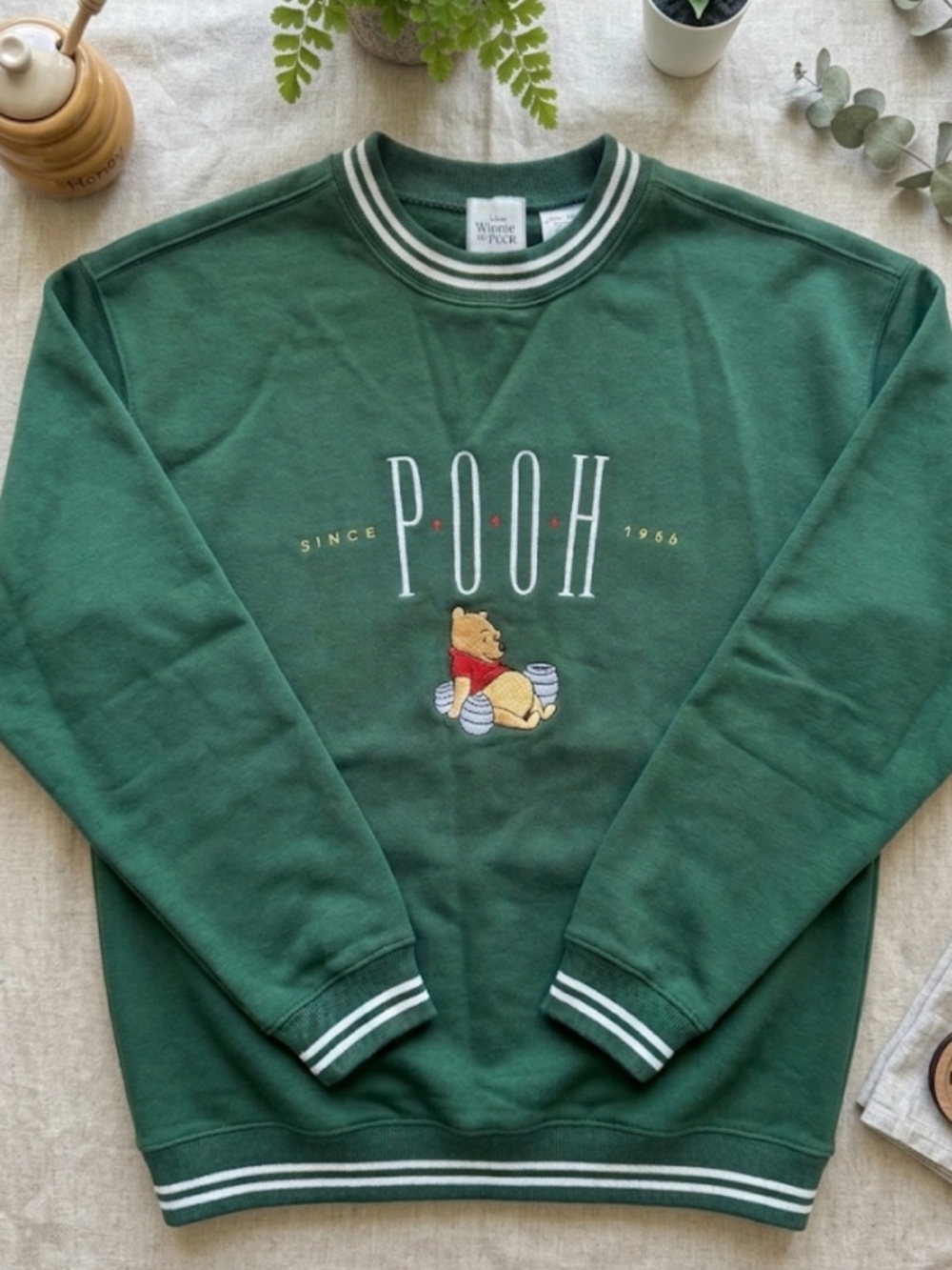Disney Green Pooh Crewneck Sweatshirt with Striped Trim